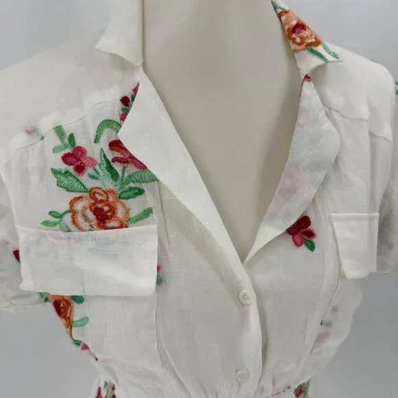 Floral Embroidered White Button-Front Midi Dress With Elastic Waist By J. Gee Si - Picture 3 of 5